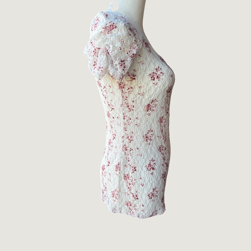 Maurices Lace Top Small White Red Floral Short Puff Sleeve Cottagecore Romantic - Picture 2 of 11